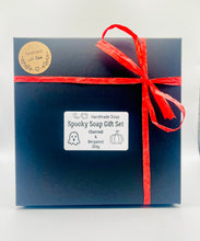 Load image into Gallery viewer, Halloween gift idea | Halloween party favours | pumpkin gift | skull gift | ghost gift | bat gift | witch gift | spooky season | Spooky Charcoal Vegan Soaps Set of 6 - Gift Boxed | Ghost Gift | Alternative Gift Ideas | Pumpkin Gift This spooky set of six vegan soaps are made with charcoal and available in your choice of essential oil. Beautifully gift boxed in eco friendly packaging. Wooden soap display easels are available to purchase on a separate listing. modern gifts. handmade home style