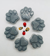 Load image into Gallery viewer, Handmade vegan soaps shaped with paw prints. set of 6, beautifully gift boxed in eco friendly packaging. crafted with natural French clays, activated charcoal and essential oils. a eco-friendly, zero waste gift that’s cruelty-free, skin-nourishing, and perfect for animal lovers and gifting. Small Business UK