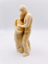 Load image into Gallery viewer, Handmade vegan soaps featuring a pregnant couple with the man gently embracing the woman and placing his hand on her stomach / bump . packaged in beautiful eco friendly packaging. crafted with natural French clays, activated charcoal and essential oils. a eco-friendly, zero waste gift that’s cruelty-free, skin-nourishing, the perfect gift for any new mother or baby shower gift. UK Small Business