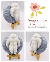 Load image into Gallery viewer, space gift | handmade vegan soap featuring a space cadet and the moon. Available in your choice of essential oil. Vegan and cruelty free wrapped in beautiful eco friendly packaging. Small business UK