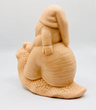 Load image into Gallery viewer, Handmade vegan soaps featuring a detailed snail with a gnome catching a ride on his back soap. crafted with natural French clays, activated charcoal and essential oils. a eco-friendly, zero waste gift that’s cruelty-free, skin-nourishing, and perfect for turtle lovers and gnome lover gifts. small business UK