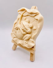 Load image into Gallery viewer, Frog Gift | cute frog gift | unique frog gift,Stocking filler, Frog & Lily Pad Vegan Soap Wooden display easels are available to purchase on a separate listing Meet our adorable Frog & Lilypad soap! This charming little frog holds a lilypad leaf over his head like a tiny umbrella, hiding from the sun and ready to brighten up your day! modern gifts. handmade home style. eco conscious gifts. zero waste gift. handmade home style. modern gift ideas.