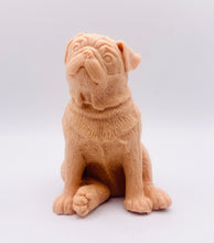Load image into Gallery viewer, Handmade vegan soaps featuring a cute sitting pug dog. crafted with natural French clays, activated charcoal and essential oils. a eco-friendly, zero waste gift that’s cruelty-free, skin-nourishing, and perfect for pug owner gifts and dog lovers. Beautiful eco friendly packaging. Small Business UK