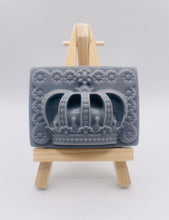 Load image into Gallery viewer, Handmade vegan soaps featuring a detailed crown. crafted with natural French clays, activated charcoal and essential oils. a eco-friendly, zero waste gift that’s cruelty-free, skin-nourishing, and perfect for royal décor gifts and Mother’s Day. small business UK elegantly wrapped in eco-friendly packaging.
