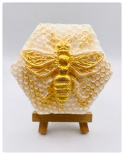 Load image into Gallery viewer, bee gift bee lover gift bee hamper eco conscious gift Queen Bee Vegan Soap *Wooden display easels are available to purchase on a separate listing This beautifully detailed ‘Queen Bee’ soap is vegan, cruelty free and available in your choice of essential oil. Wrapped in gorgeous eco-friendly packaging. All our soaps are made with natural essential oils to gently cleanse and nourish your skin. Plus, they come in eco-friendly packaging so you can feel good about your purchase and the environment