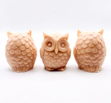 Load image into Gallery viewer, Handmade vegan soaps featuring a set of three owls, gift boxed in beautiful eco friendly packaging. crafted with natural French clays, activated charcoal and essential oils. a eco-friendly, zero waste gift that’s cruelty-free, skin-nourishing, the perfect gift for owl lovers and animal lovers. small business UK