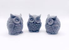 Load image into Gallery viewer, Handmade vegan soaps featuring a set of three owls, gift boxed in beautiful eco friendly packaging. crafted with natural French clays, activated charcoal and essential oils. a eco-friendly, zero waste gift that’s cruelty-free, skin-nourishing, the perfect gift for owl lovers and animal lovers. small business UK