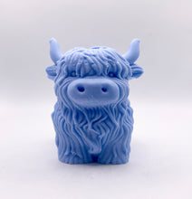 Load image into Gallery viewer, Handmade vegan soaps featuring a large detailed highland cow. crafted with natural French clays, activated charcoal and essential oils. a eco-friendly, zero waste gift that’s cruelty-free, skin-nourishing, and perfect for highland coo lovers and animal themed gifts. small business UK