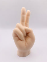 Load image into Gallery viewer, Handmade vegan soap featuring a hand in the peace finger gesture packed in beautiful eco friendly packaging. crafted with natural French clays, activated charcoal and essential oils. a eco-friendly, zero waste gift that’s cruelty-free, skin-nourishing, and perfect for novelty gift lovers or themed gifts. Small business UK