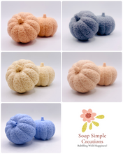Load image into Gallery viewer, Handmade vegan soaps featuring a set of two chunky pumpkins gift boxed in beautiful eco friendly packaging crafted with natural French clays, activated charcoal and essential oils. a eco-friendly, zero waste gift that’s cruelty-free, skin-nourishing, and perfect gift for autumn lovers and halloween gifts. small business UK