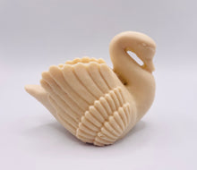 Load image into Gallery viewer, Handmade vegan soaps featuring a graceful swan and packed in beautiful eco friendly packaging crafted with natural French clays, activated charcoal and essential oils. a eco-friendly, zero waste gift that’s cruelty-free, skin-nourishing, and perfect for swan lovers, wedding favours and animal themed gifts. small business UK