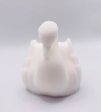 Load image into Gallery viewer, Handmade vegan soaps featuring a graceful swan and packed in beautiful eco friendly packaging crafted with natural French clays, activated charcoal and essential oils. a eco-friendly, zero waste gift that’s cruelty-free, skin-nourishing, and perfect for swan lovers, wedding favours and animal themed gifts. small business UK