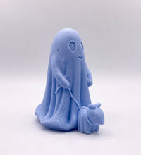 Load image into Gallery viewer, Handmade vegan soaps shaped as a cute ghost walking a dog. crafted with natural French clays, activated charcoal and essential oils. a eco-friendly, zero waste gift that’s cruelty-free, skin-nourishing, and perfect for Halloween and gifting. Small business UK.