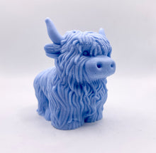 Load image into Gallery viewer, Handmade vegan soaps featuring a large detailed highland cow. crafted with natural French clays, activated charcoal and essential oils. a eco-friendly, zero waste gift that’s cruelty-free, skin-nourishing, and perfect for highland coo lovers and animal themed gifts. small business UK
