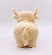 Load image into Gallery viewer, Handmade vegan soaps featuring a large detailed highland cow. crafted with natural French clays, activated charcoal and essential oils. a eco-friendly, zero waste gift that’s cruelty-free, skin-nourishing, and perfect for highland coo lovers and animal themed gifts. small business UK