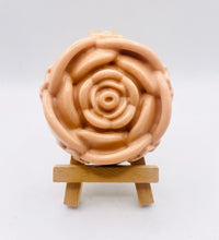 Load image into Gallery viewer, Handmade vegan soaps featuring a detailed rose flower. crafted with natural French clays, activated charcoal and essential oils. a eco-friendly, zero waste gift that’s cruelty-free, skin-nourishing, and perfect for friendship gifts and Mother’s Day. Small business UK