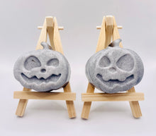 Load image into Gallery viewer, Halloween gift idea | Halloween party favours | pumpkin gift | skull gift | ghost gift | bat gift | witch gift | spooky season | Spooky Charcoal Vegan Soaps Set of 6 - Gift Boxed | Ghost Gift | Alternative Gift Ideas | Pumpkin Gift This spooky set of six vegan soaps are made with charcoal and available in your choice of essential oil. Beautifully gift boxed in eco friendly packaging. Wooden soap display easels are available to purchase on a separate listing. modern gifts. handmade home style
