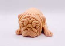 Load image into Gallery viewer, Handmade vegan soap featuring sleepy pug lying down and packed in beautiful eco friendly packaging. crafted with natural French clays, activated charcoal and essential oils. a eco-friendly, zero waste gift that’s cruelty-free, skin-nourishing, and perfect for pug owners, dog lovers or animal themed gifts. Small business UK