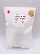 Load image into Gallery viewer, Dolphin Gift | unique dolphin Gift | Unique gift | dolphin Gift idea | Birthday gift, Christmas gift, Stocking filler, Secret Santa gift, Teacher gift, Thank you gift, Swimming Dolphins Vegan Soap Dive into a world of luxury with these playful dolphins, leaving you feeling refreshed and revitalised with every wash. Made with natural ingredients and gentle on the skin, our swimming dolphins soap is the perfect gift for anyone who loves the sea!  eco conscious gift eco friendly gift