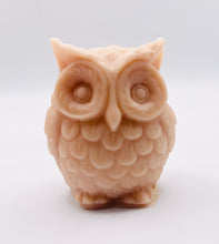 Load image into Gallery viewer, Handmade vegan soaps featuring a set of three owls, gift boxed in beautiful eco friendly packaging. crafted with natural French clays, activated charcoal and essential oils. a eco-friendly, zero waste gift that’s cruelty-free, skin-nourishing, the perfect gift for owl lovers and animal lovers. small business UK