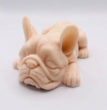 Load image into Gallery viewer, Handmade vegan soaps featuring a french bulldog dog with a cute heart on his bum wrapped in beautiful eco friendly packaging crafted with natural French clays, activated charcoal and essential oils. a eco-friendly, zero waste gift that’s cruelty-free, skin-nourishing, and perfect gift for frenchie owners, dog lovers and animal themed gifts. small business UK