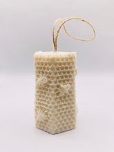 Load image into Gallery viewer, Handmade vegan soaps featuring a gorgeous bee and honeycomb design soap on a rope. crafted with natural French clays, activated charcoal and essential oils. a eco-friendly, zero waste gift that’s cruelty-free, skin-nourishing, and perfect for bee lovers and gifting. UK Small Business