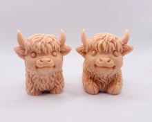 Load image into Gallery viewer, Handmade vegan soaps featuring a set of two chunky highland cow soaps, gift boxed .. crafted with natural French clays, activated charcoal and essential oils. a eco-friendly, zero waste gift that’s cruelty-free, skin-nourishing, and perfect for animal lover gifts and highland cow gifts for her. UK Small Business.