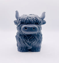 Load image into Gallery viewer, Handmade vegan soaps featuring a large detailed highland cow. crafted with natural French clays, activated charcoal and essential oils. a eco-friendly, zero waste gift that’s cruelty-free, skin-nourishing, and perfect for highland coo lovers and animal themed gifts. small business UK