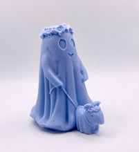 Load image into Gallery viewer, Handmade vegan soaps shaped as a cute ghost girl walking a dog. crafted with natural French clays, activated charcoal and essential oils. a eco-friendly, zero waste gift that’s cruelty-free, skin-nourishing, and perfect for Halloween and gifting. Small business UK.