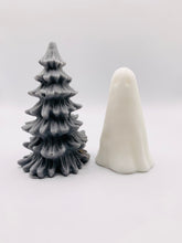 Load image into Gallery viewer, Handmade vegan soaps featuring a ghost and christmas tree gift boxed in beautiful eco friendly packaging crafted with natural French clays, activated charcoal and essential oils. a eco-friendly, zero waste gift that’s cruelty-free, skin-nourishing, and perfect for creepmas gifts and horror gifts. small business UK