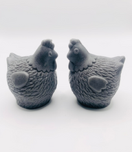 Load image into Gallery viewer, Handmade vegan chicken shaped vegan soaps, set of 2, gift boxed in beautiful eco friendly packaging. crafted with natural French clays, activated charcoal and essential oils. a eco-friendly, zero waste gift that’s cruelty-free, skin-nourishing, and perfect for animal lovers. Small Business UK
