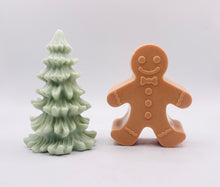 Load image into Gallery viewer, Handmade vegan soaps shaped as a gingerbread man and a Christmas’s tree, gift boxed. crafted with natural French clays, activated charcoal and essential oils. a eco-friendly, zero waste gift that’s cruelty-free, skin-nourishing, and perfect for secret Santa and Christmas gifting . small business UK