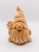 Load image into Gallery viewer, Handmade vegan soaps featuring a chunky gnome with a flower on his hat and a flower in his hand . gift boxed in beautiful eco friendly packaging. crafted with natural French clays, activated charcoal and essential oils. a eco-friendly, zero waste gift that’s cruelty-free, skin-nourishing, the perfect gift for gnome lovers and nature lovers. UK Small Business