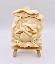 Load image into Gallery viewer, Frog Gift | cute frog gift | unique frog gift,Stocking filler, Frog & Lily Pad Vegan Soap Wooden display easels are available to purchase on a separate listing Meet our adorable Frog & Lilypad soap! This charming little frog holds a lilypad leaf over his head like a tiny umbrella, hiding from the sun and ready to brighten up your day! modern gifts. handmade home style. eco conscious gifts. zero waste gift. handmade home style. modern gift ideas.