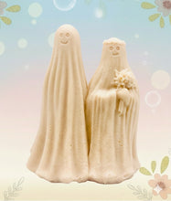 Load image into Gallery viewer, handmade vegan soap featuring a ghostly bride with a bouquet and a groom, a unique farmhouse decor wedding or anniversary gift