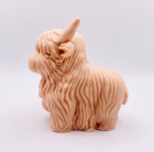 Load image into Gallery viewer, Handmade vegan soaps featuring a large detailed highland cow. crafted with natural French clays, activated charcoal and essential oils. a eco-friendly, zero waste gift that’s cruelty-free, skin-nourishing, and perfect for highland coo lovers and animal themed gifts. small business UK
