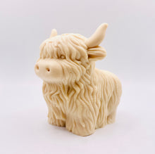 Load image into Gallery viewer, Handmade vegan soaps featuring a large detailed highland cow. crafted with natural French clays, activated charcoal and essential oils. a eco-friendly, zero waste gift that’s cruelty-free, skin-nourishing, and perfect for highland coo lovers and animal themed gifts. small business UK