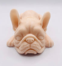 Load image into Gallery viewer, Handmade vegan soaps featuring a french bulldog dog with a cute heart on his bum wrapped in beautiful eco friendly packaging crafted with natural French clays, activated charcoal and essential oils. a eco-friendly, zero waste gift that’s cruelty-free, skin-nourishing, and perfect gift for frenchie owners, dog lovers and animal themed gifts. small business UK