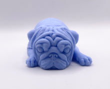 Load image into Gallery viewer, Handmade vegan soap featuring sleepy pug lying down and packed in beautiful eco friendly packaging. crafted with natural French clays, activated charcoal and essential oils. a eco-friendly, zero waste gift that’s cruelty-free, skin-nourishing, and perfect for pug owners, dog lovers or animal themed gifts. Small business UK