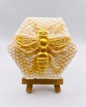 Load image into Gallery viewer, bee gift bee lover gift bee hamper eco conscious gift Queen Bee Vegan Soap *Wooden display easels are available to purchase on a separate listing This beautifully detailed ‘Queen Bee’ soap is vegan, cruelty free and available in your choice of essential oil. Wrapped in gorgeous eco-friendly packaging. All our soaps are made with natural essential oils to gently cleanse and nourish your skin. Plus, they come in eco-friendly packaging so you can feel good about your purchase and the environment