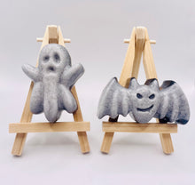 Load image into Gallery viewer, Halloween gift idea | Halloween party favours | pumpkin gift | skull gift | ghost gift | bat gift | witch gift | spooky season | Spooky Charcoal Vegan Soaps Set of 6 - Gift Boxed | Ghost Gift | Alternative Gift Ideas | Pumpkin Gift This spooky set of six vegan soaps are made with charcoal and available in your choice of essential oil. Beautifully gift boxed in eco friendly packaging. Wooden soap display easels are available to purchase on a separate listing. modern gifts. handmade home style