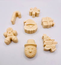 Load image into Gallery viewer, Christmas Themed Vegan Hand Soaps Gift Boxed Give the gift of clean hands! This set of six Christmas themed hand soaps make the perfect secret Santa, stocking filler and friendship gifts! Each set contains a Santa, a candy cane, snowflake, gift box, gingerbread man, snowman, and a Christmas tree. (Yes, they’re almost too cute to use… almost.) Available in your choice of French clay and essential oil: modern gifts. zero waste gifts UK. handmade gifts UK. Handmade home style UK. BrIrish made. Handmade UK.