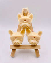 Load image into Gallery viewer, Handmade vegan soap featuring a set of french bulldog faces wearing sunglasses and gift boxed in beautiful eco friendly packaging. crafted with natural French clays, activated charcoal and essential oils. a eco-friendly, zero waste gift that’s cruelty-free, skin-nourishing, and perfect for frenchie owners, dog lovers and animal themed gifts. Small business UK
