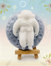 Load image into Gallery viewer, space gift | handmade vegan soap featuring a space cadet and the moon. Available in your choice of essential oil. Vegan and cruelty free wrapped in beautiful eco friendly packaging. Small business UK