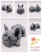 Load image into Gallery viewer, Handmade vegan soaps featuring a french bulldog dog with a cute heart on his bum wrapped in beautiful eco friendly packaging crafted with natural French clays, activated charcoal and essential oils. a eco-friendly, zero waste gift that’s cruelty-free, skin-nourishing, and perfect gift for frenchie owners, dog lovers and animal themed gifts. small business UK