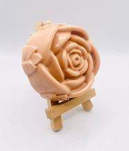 Load image into Gallery viewer, Handmade vegan soaps featuring a detailed rose flower. crafted with natural French clays, activated charcoal and essential oils. a eco-friendly, zero waste gift that’s cruelty-free, skin-nourishing, and perfect for friendship gifts and Mother’s Day. Small business UK