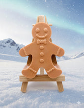 Load image into Gallery viewer, Handmade vegan gingerbread man shaped vegan soaps. crafted with natural French clays, activated charcoal and essential oils. a eco-friendly, zero waste gift that’s cruelty-free, skin-nourishing, and perfect for christmas lovers.