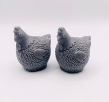 Load image into Gallery viewer, Handmade vegan chicken shaped vegan soaps, set of 2, gift boxed in beautiful eco friendly packaging. crafted with natural French clays, activated charcoal and essential oils. a eco-friendly, zero waste gift that’s cruelty-free, skin-nourishing, and perfect for animal lovers. Small Business UK
