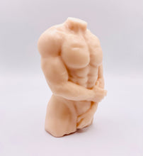Load image into Gallery viewer, Handmade vegan soaps featuring a masculine male sculpture, packaged in beautiful eco friendly packaging. crafted with natural French clays, activated charcoal and essential oils. a eco-friendly, zero waste gift that’s cruelty-free, skin-nourishing, the perfect gift for Pride or hen party gifts. small business UK