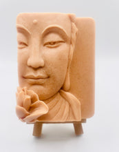 Load image into Gallery viewer, Handmade vegan soaps featuring a beautiful buddha and lotus flower and wrapped in beautiful eco friendly packaging crafted with natural French clays, activated charcoal and essential oils. a eco-friendly, zero waste gift that’s cruelty-free, skin-nourishing, and perfect gift for buddha lovers. small business UK